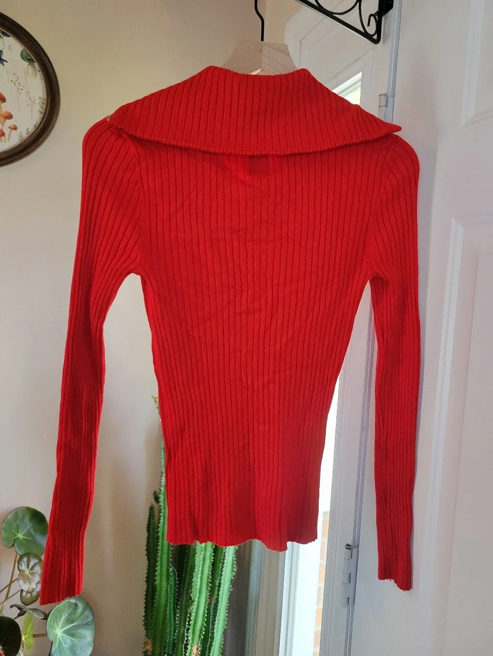 Maeve Anthropologie Fitted Red Ribbed Half-Zip Knit Sweater, Size Womens Medium